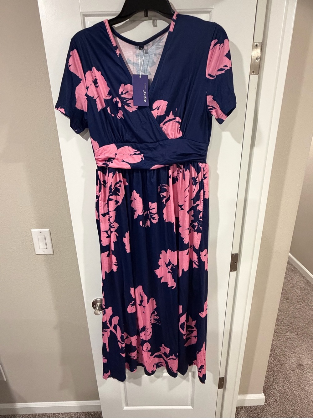Wrap-Style Navy Maxi Dress with Pink Floral Print